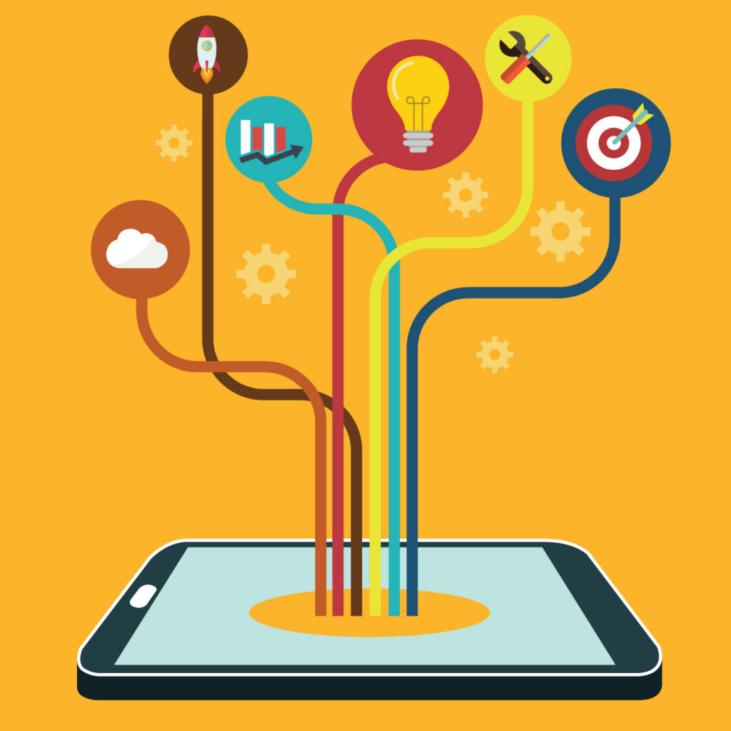 Illustration showing various digital marketing strategies for small business (rocket, light bulb, graph, tools) coming out of a tablet for business growth.